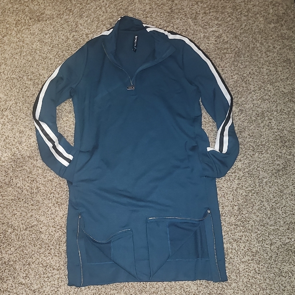 Athleta Olive Green Zip Up Sweater with Sporty Stripes